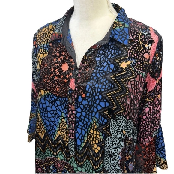 Johnny Was Nash Burnout Velvet Patchwork 3/4 Bell Sleeve Dress XS NWT $445 - Picture 9 of 13